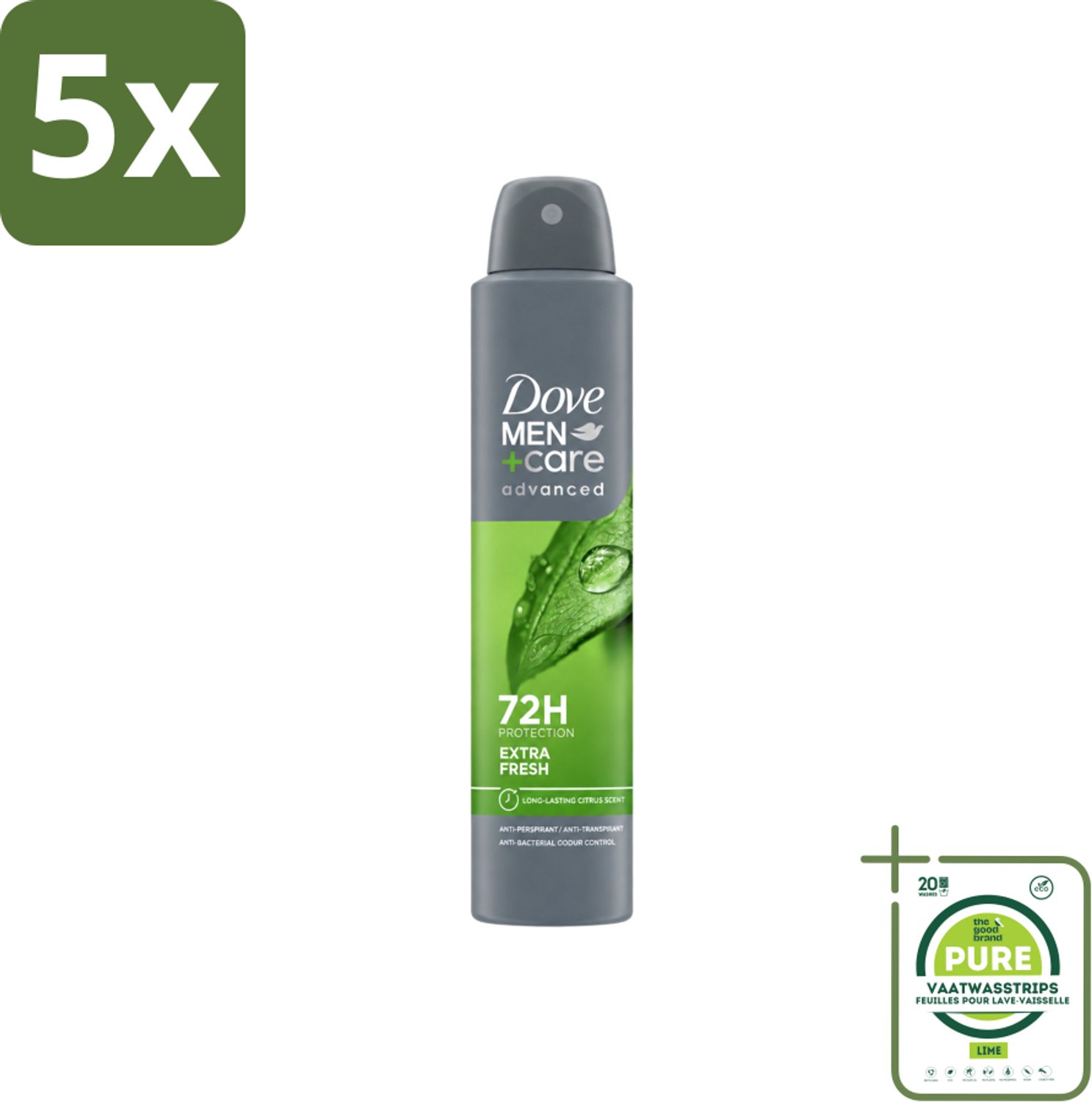 5 x Dove Men+Care Deodorant Spray - Extra Fresh - 200 ml - Grootverpakking - Vaatwasstrips - Deodorant Spray - Zweetvermindering - Frisheid - Huidbescherming - Mannelijke Geur