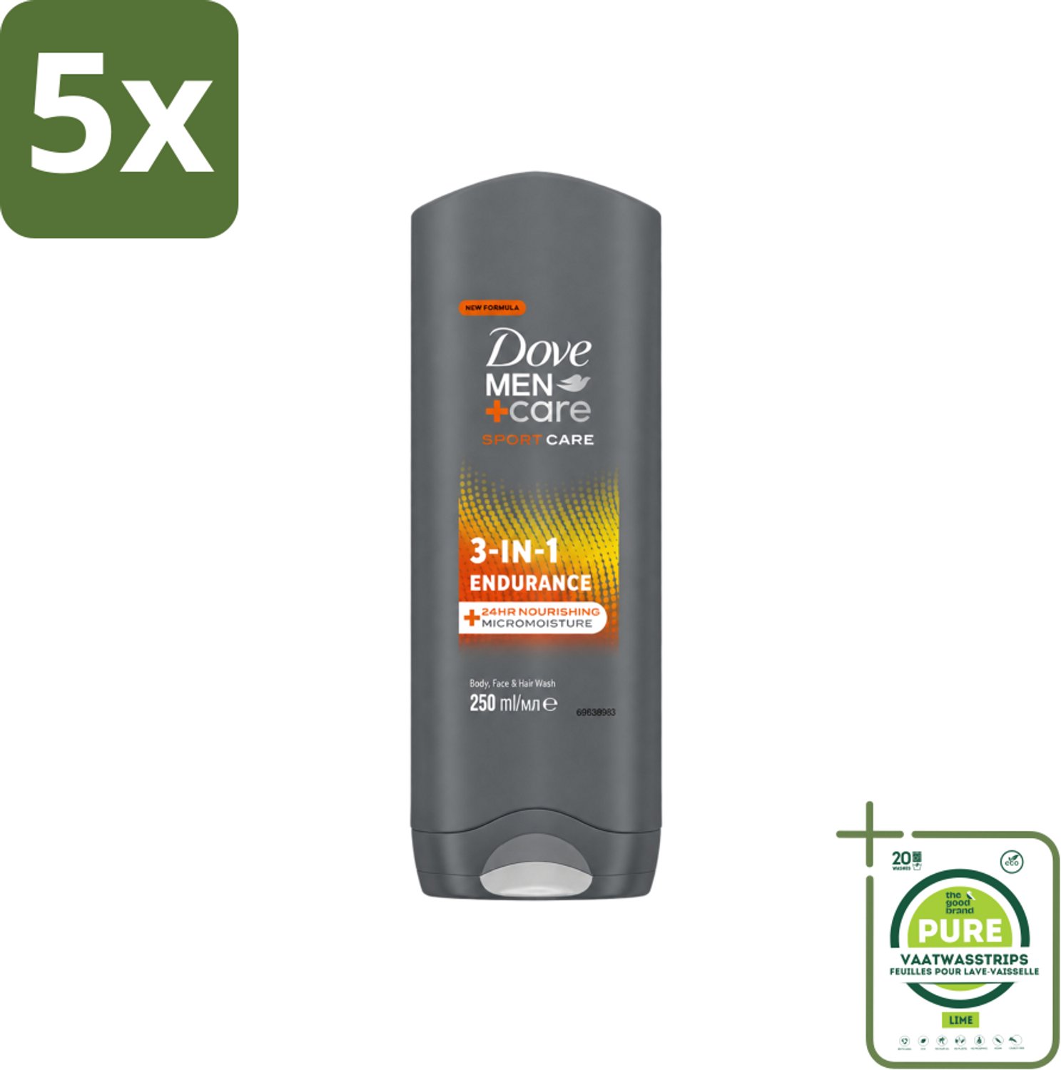 5 x Dove Men+Care 3-in-1 Douchegel - Sport - 250 ml - Grootverpakking - Vaatwasstrips - Sportverzorging - Lichaamverzorging - Gezichtsverzorging - Haarverzorging - Sportdouchegel