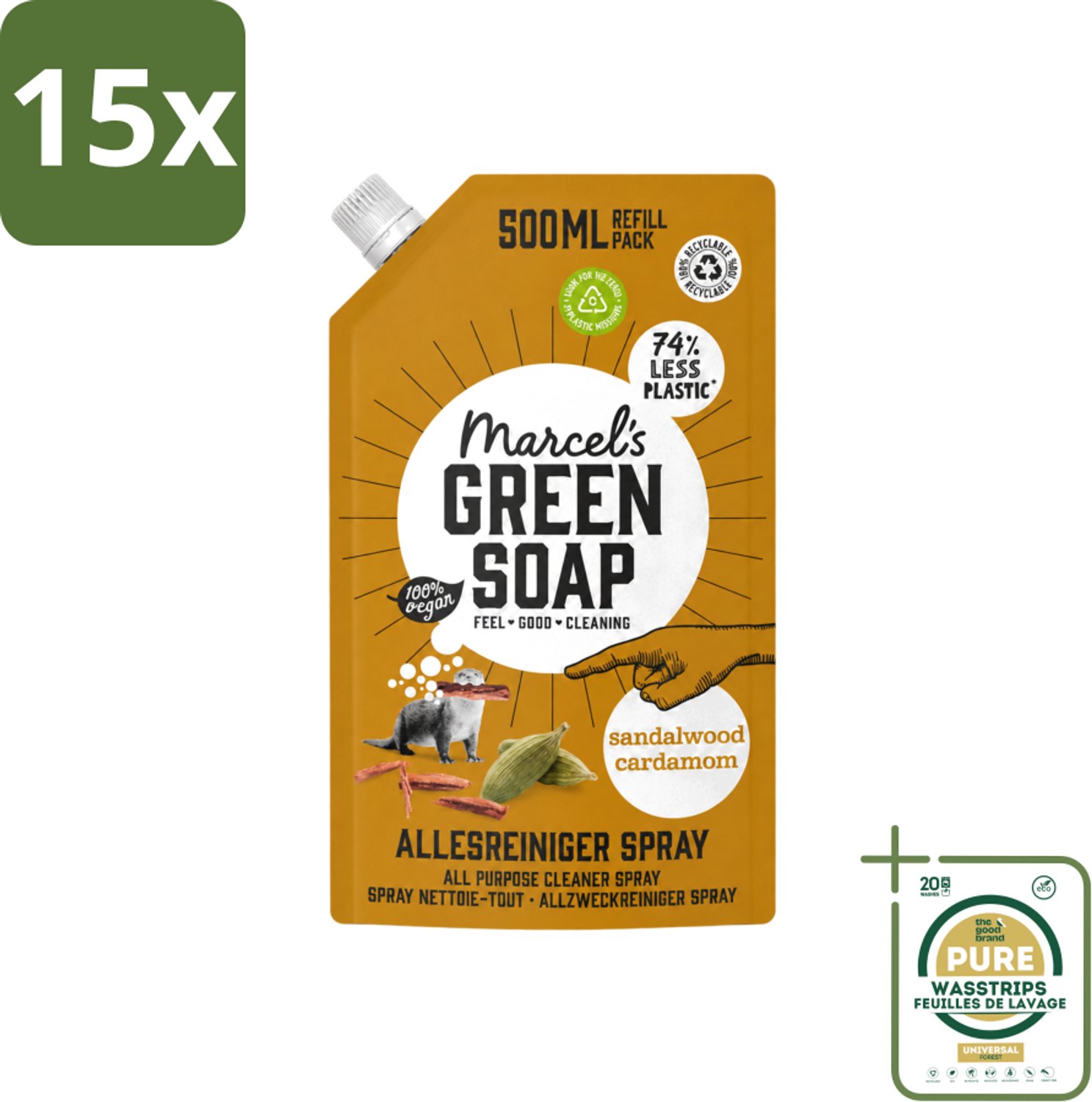 15 x Marcel's Green Soap - Allesreiniger Spray - Navulling - Sandelhout & Kardemon - Frisse reiniging - 500 ml - Wasstrips - Allesreiniger Spray - Natuurlijke Reiniger - Sandelhout En Kardemom - Milieuvriendelijke Reiniger - Biologisch Afbreekbaar