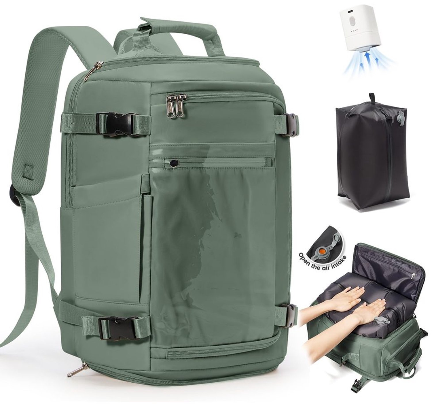 Olijfgroene Vacuum Rugzak met Pomp - Ideaal voor Reizen en Handbagage
