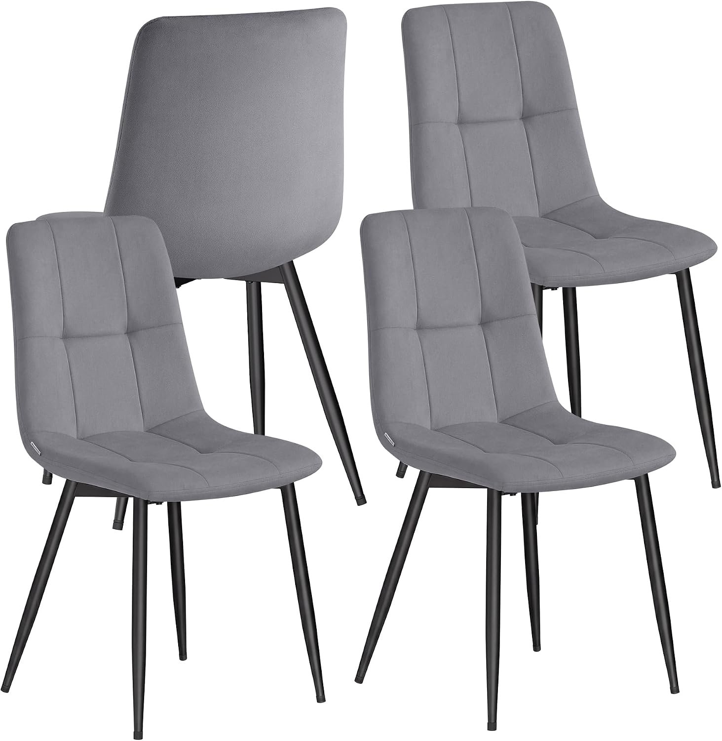 Veloura Eetkamerstoelen Set van 4 – Leigrijze Fluwelen Stoelen met Ergonomische Rugleuning, Zachte Gewatteerde Zitting, Stevig Metalen Onderstel en Verstelbare Poten – Moderne Keukenstoelen voor Eetkamer en Woonkamer