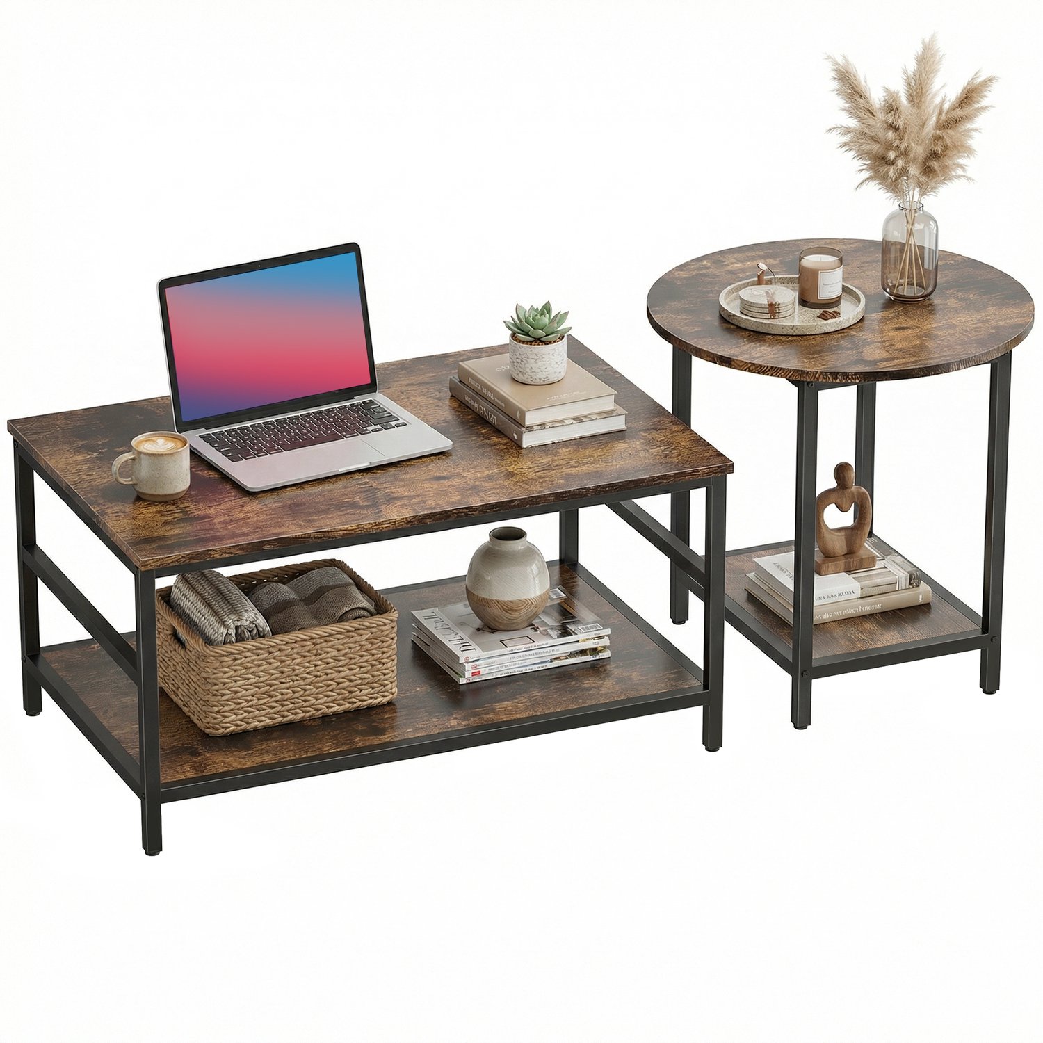 Homcom Bijzettafel set van 2 met metalen frame - Salontafel en bijzettafel - Nesttafels - Bruin rustiek-bruin