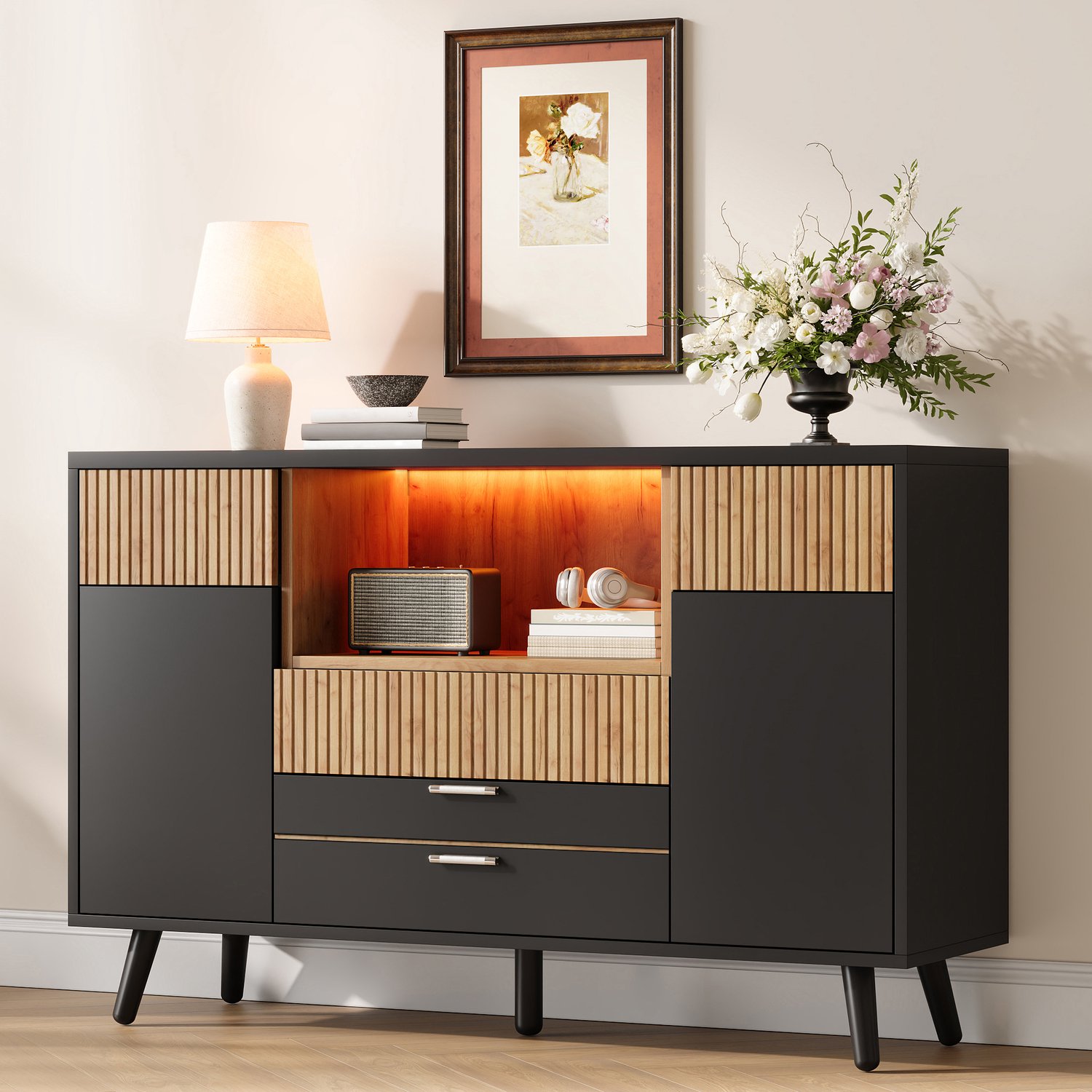 Clruro Dressoir - 130x38x85 cm - met 4 Lades en Deurrekken - RGB-LED - MDF - Naturel/Zwart Natuurlijk + zwart