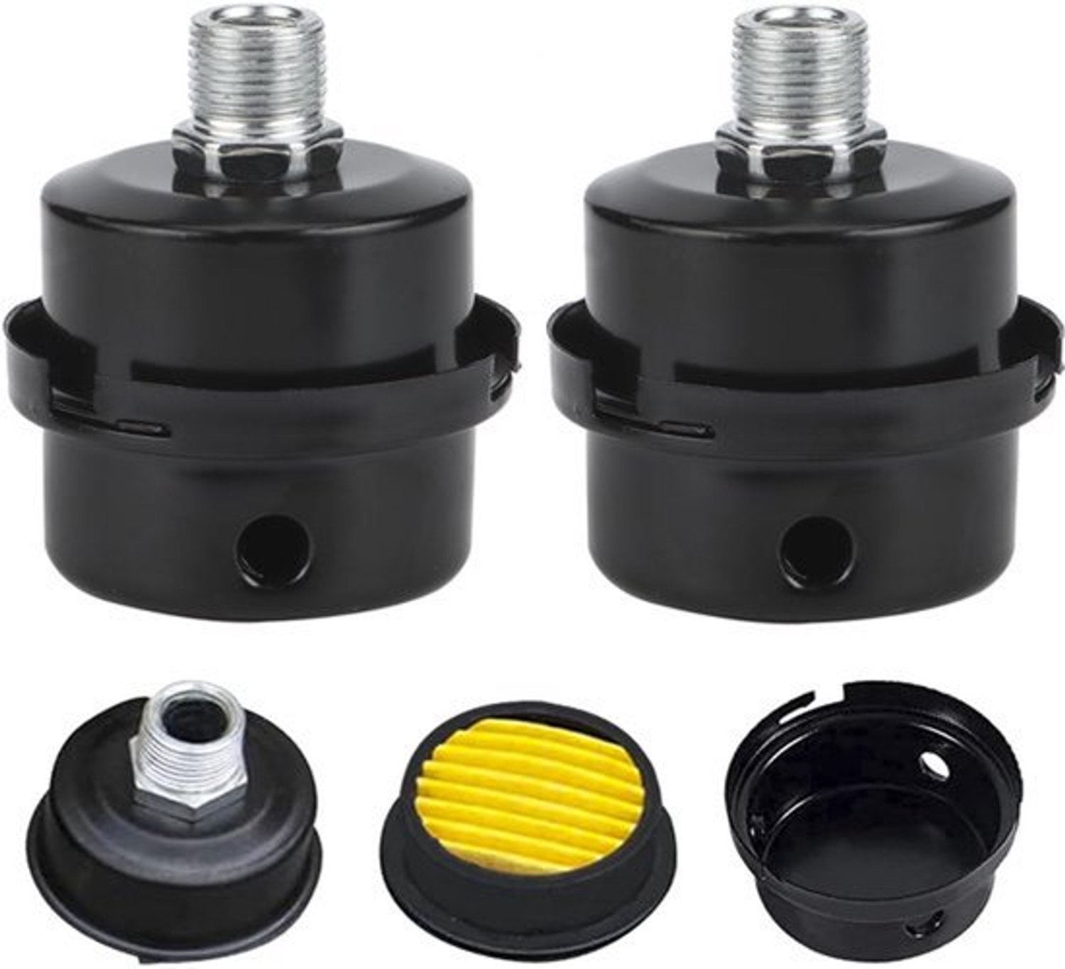 2 stuks compressor, 3/8 inch, 16 mm luchtfilter, metalen geluiddemper, aanzuigschroefdraad, reserveonderdelen