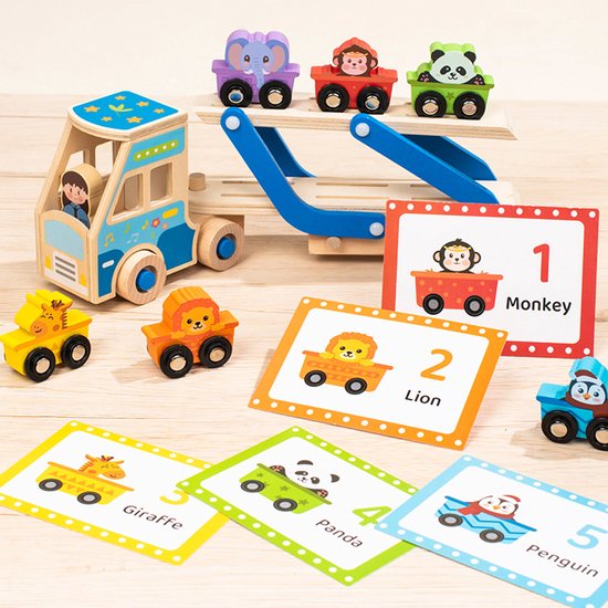 Houten autotransporter, 6 dierenauto's en educatieve kaarten met nummers en dierennamen.