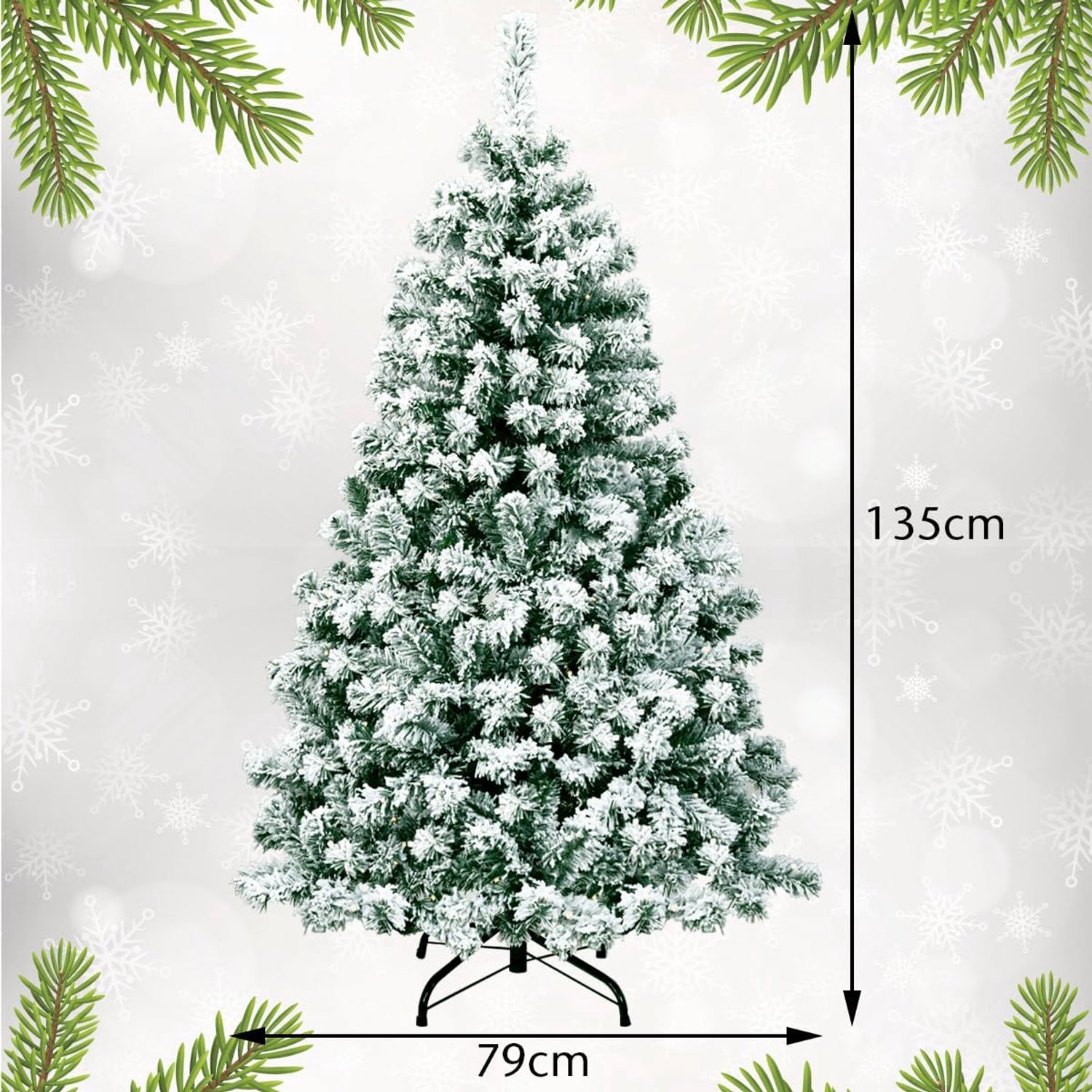 KOMFOTTEU Kunstkerstboom met leds, warmwit - kunstdennenboom wit met sneeuw - decoratieve boom voor Kerstmis, pvc-naalden en metalen standaard (135 cm) – foto 3