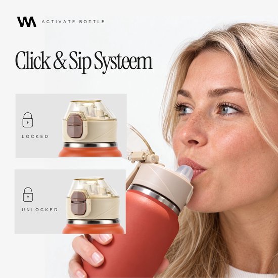Vrouw drinkt uit een oranje VANN-fles met 'Click & Sip' systeem, getoond in vergrendelde en ontgrendelde stand.