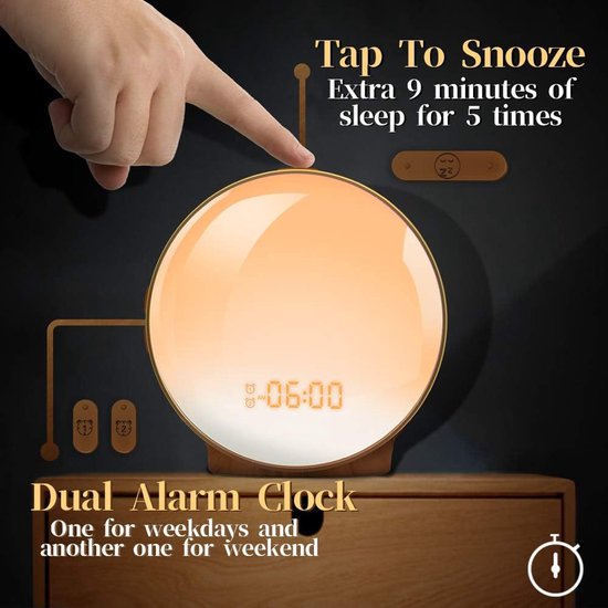 Wake up Light met Lichtwekker Functie - Digitale Wekker Zonsopgang Simulatie Twee Alarmen - Sfeerlamp Nachtlampje Slaapkamer Wit — afbeelding 5