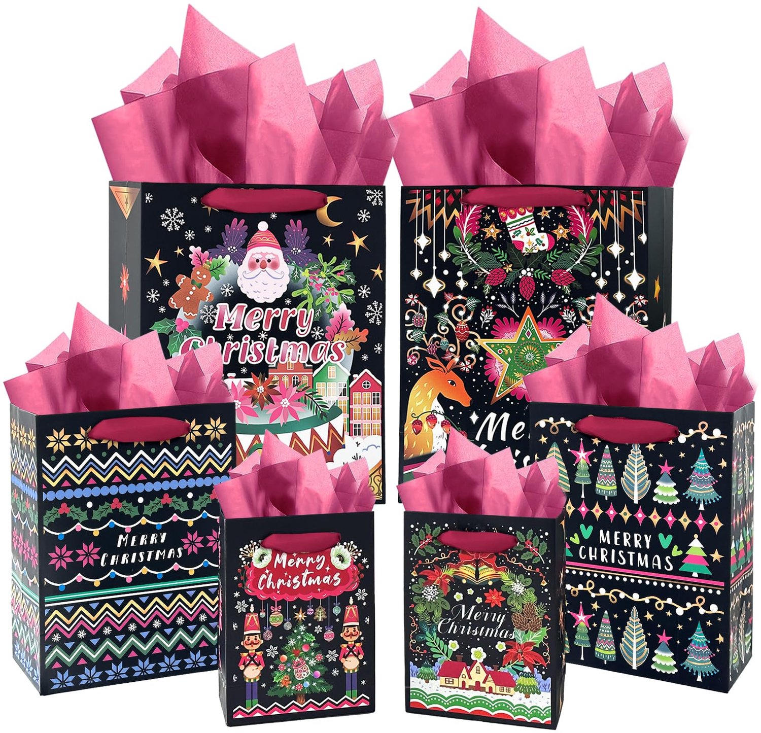 Set van 10 Kerst Cadeautassen met Snipperpapier in Diverse Maten