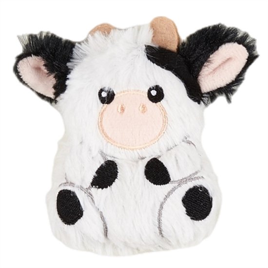 Pluche knuffel in de vorm van een kleine zwart-witte koe met zachte vacht en roze snuit.