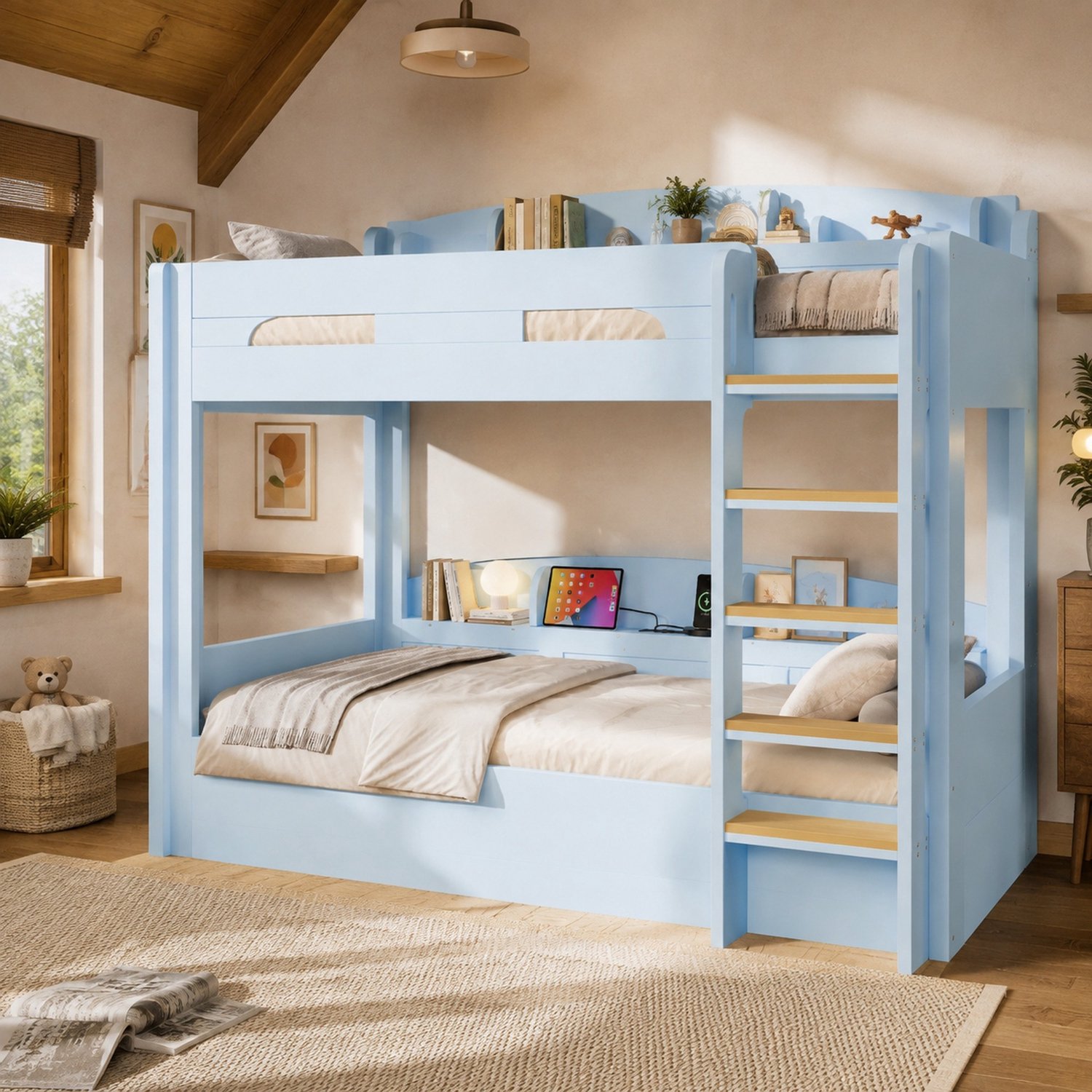 WUVRIE Stapelbed 90x200 cm - Twee slaapplaatsen, opbergvakken en USB-aansluiting - Lichtblauw