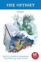 Couverture du livre The Odyssey d'Homère illustrant Poséidon attaquant un naufragé sur un radeau.