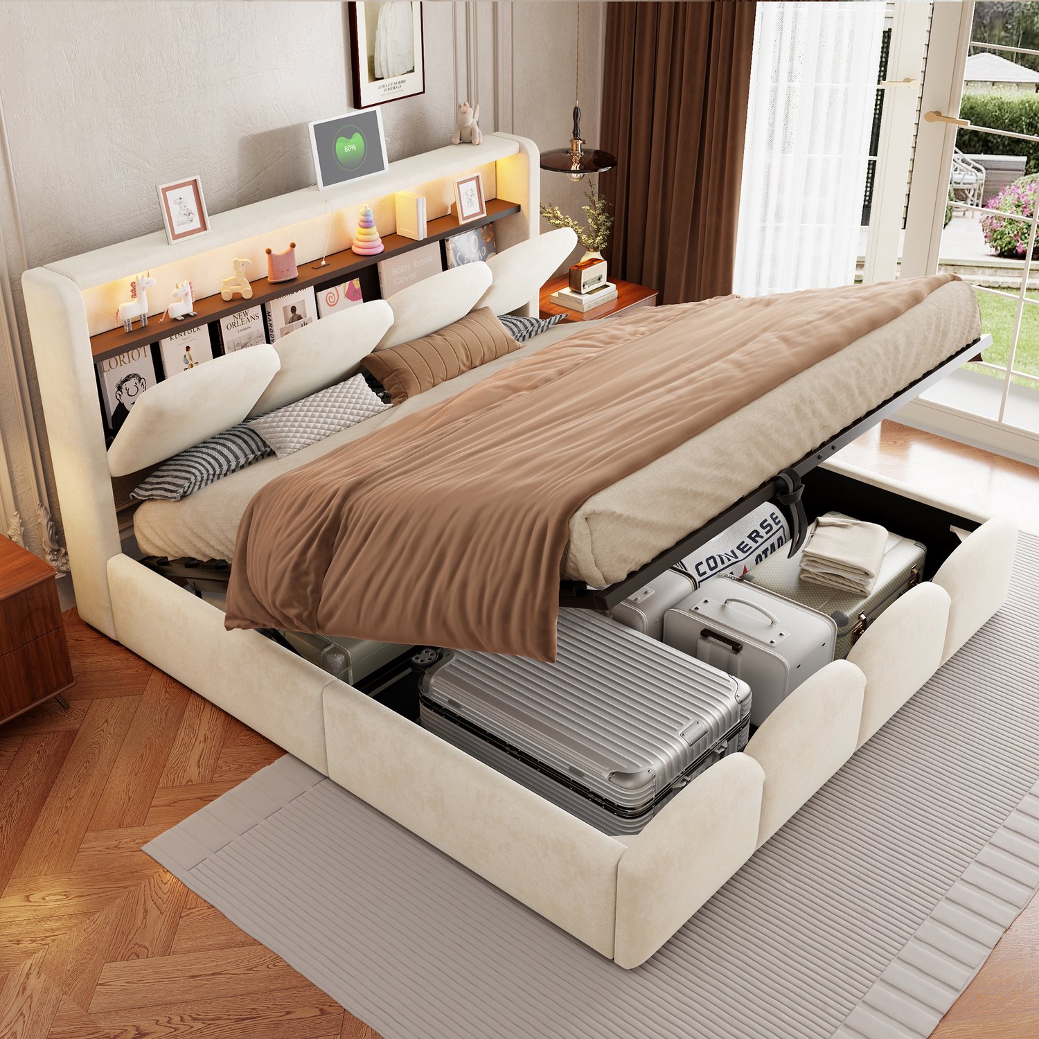 WUVRIE Opbergbed 140x200 cm - Hydraulische opbergruimte, LED, USB en USB-C - Beige