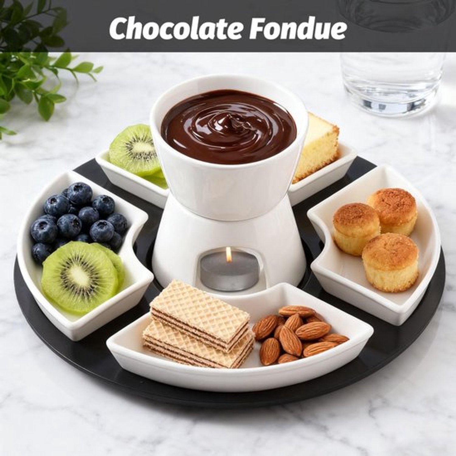 Chocoladefondueset, keramische mini-chocoladefondue, kaasfondue, set met 4 keramische borden en 4 vorken en 1 dienblad, chocoladefondue, verwarmd met een theelicht voor snoep, boter en kaas – foto 8