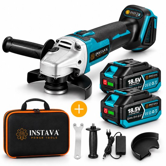 Instava Haakse Slijper Incl. 2x Accu (4.0Ah) - Ø125MM - Geschikt Voor Makita 18v Accu - Incl. Accessoires en handige Tool bag