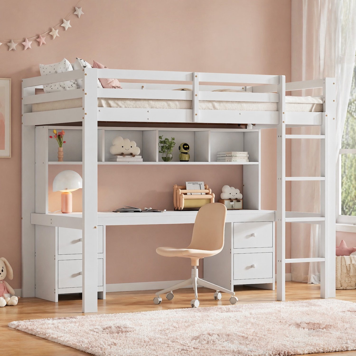 WUVRIE Hoogslaper 90x200 cm - Met bureau, 4 lades en 4 opbergvakken - Wit