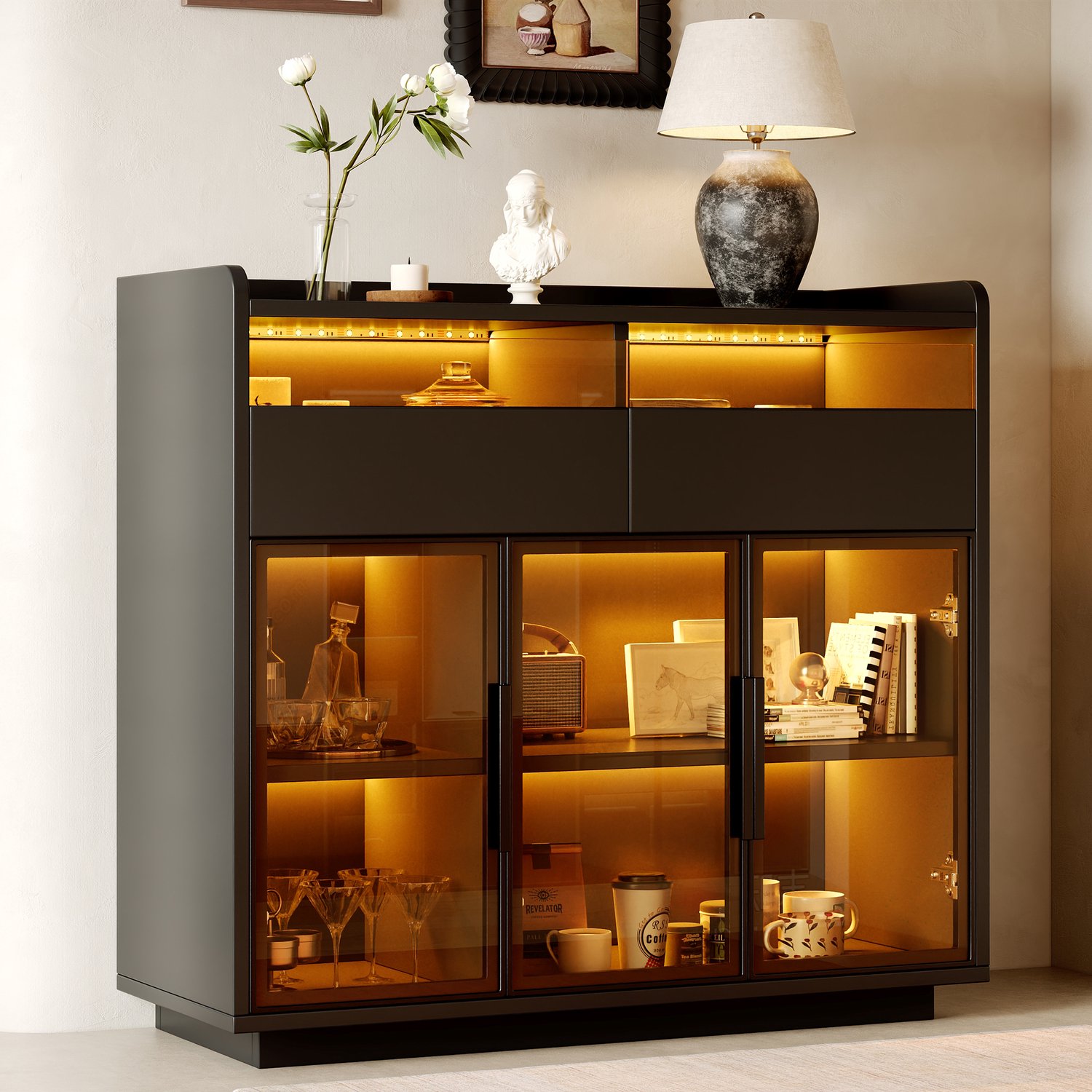MODENUIT Vitrinekast - LED-Verlichting - 2 Lades Voor Woonkamer - MDF En Glas - Zwart - 100x40x91,5 Cm