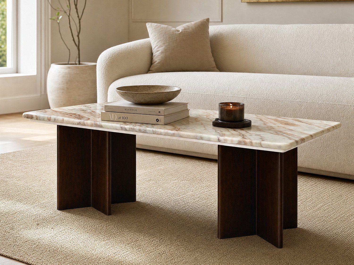 Vente-unique Salontafel van marmer en acaciahout - Beige en Donker Naturel - NEYALIA
