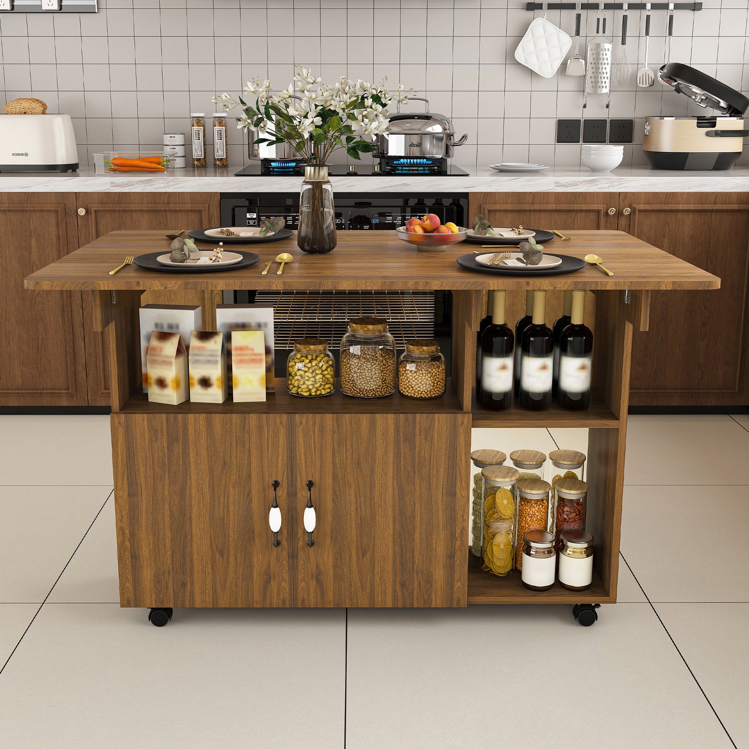 Clruro Eettafel - 110×70×80 cm - Inklapbaar - 5 Legplanken en Wielen - MDF - Licht Walnootkleur