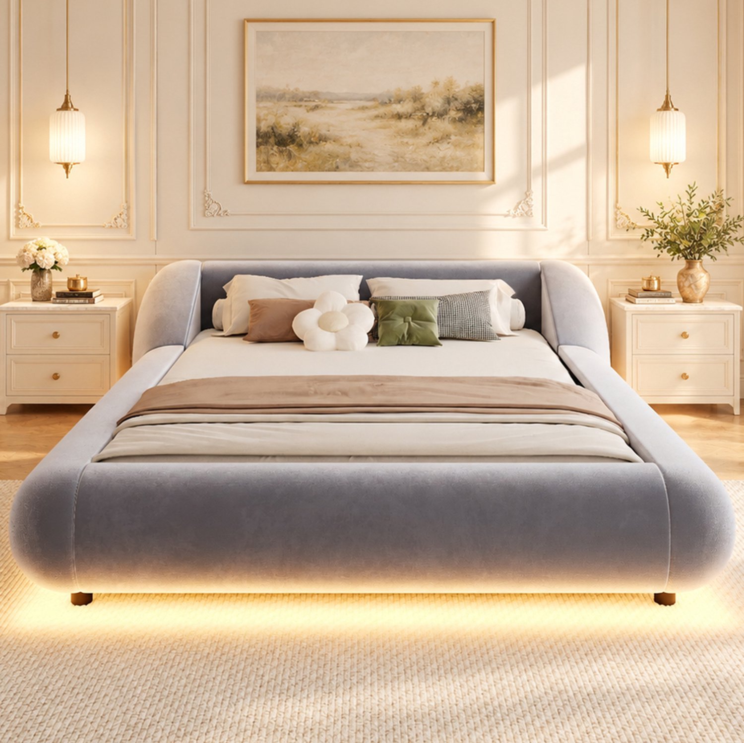 Wishdor Gestoffeerd bed 140x200 cm - Gebogen omhullend hoofdbord - Zwevend bedframe met LED-verlichting - Lattenbodem met 12 latten - Modern voor slaapkamer en logeerkamer - Grijs fluweel