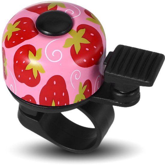 Roze kinderfietsbel met aardbeienpatroon, zwarte houder en zwarte klepel.