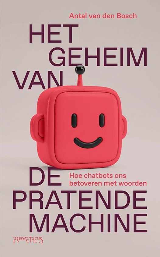 Boekomslag met een roze robotgezicht en de titel 'Het geheim van de pratende machine'.