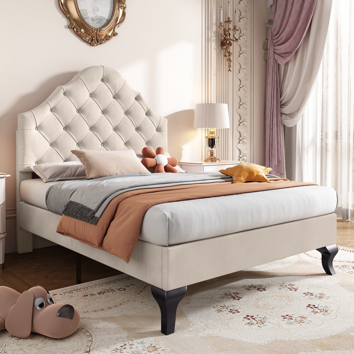 WUVRIE Gestoffeerd eenpersoonsbed 90x200 cm - Verstelbaar hoofdbord en houten lattenbodem - Beige