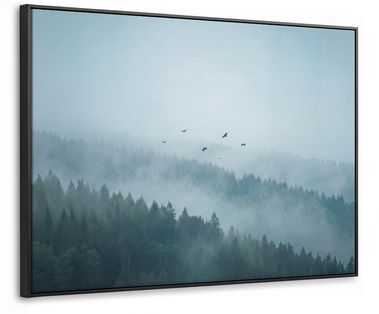 Canvas Schilderij met Baklijst - Bos - Mist - Vogels - Natuur - Groen