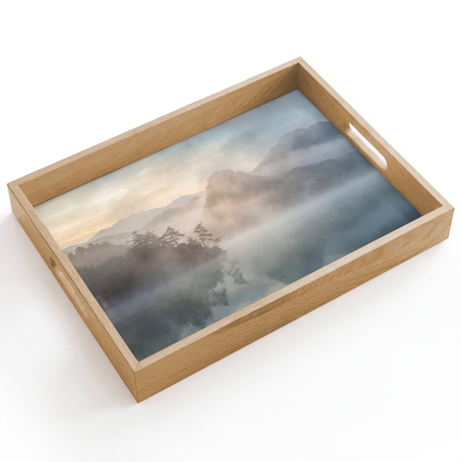 Dienblad hout 40x30 cm - Schootdienblad - Landschap - Bergen - Mist - Water - Natuur - Borrelplank rechthoek - Plateau dienbladen