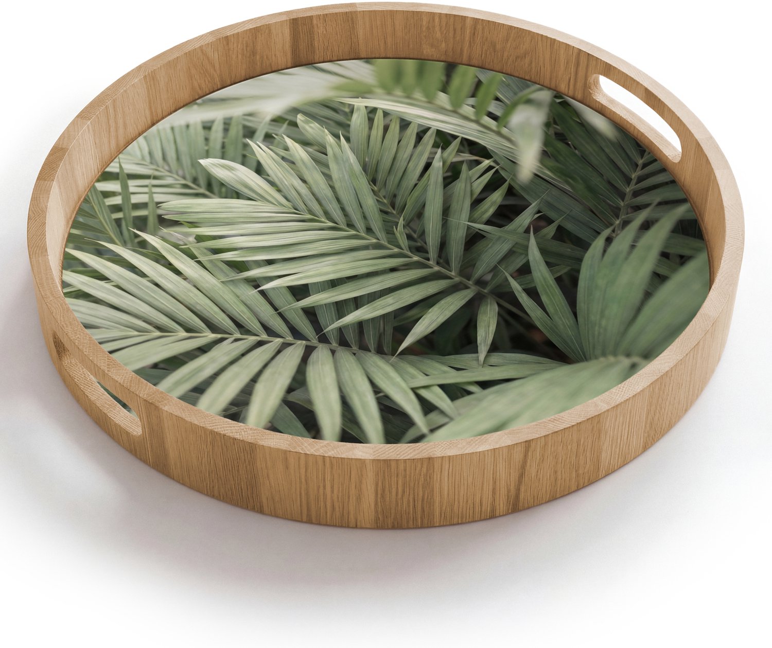 Dienblad rond 40x40 cm - Schootdienblad hout - Plant - Palmbladeren - Natuur - Groen - Borrelplank rechthoek - Plateau houten dienbladen