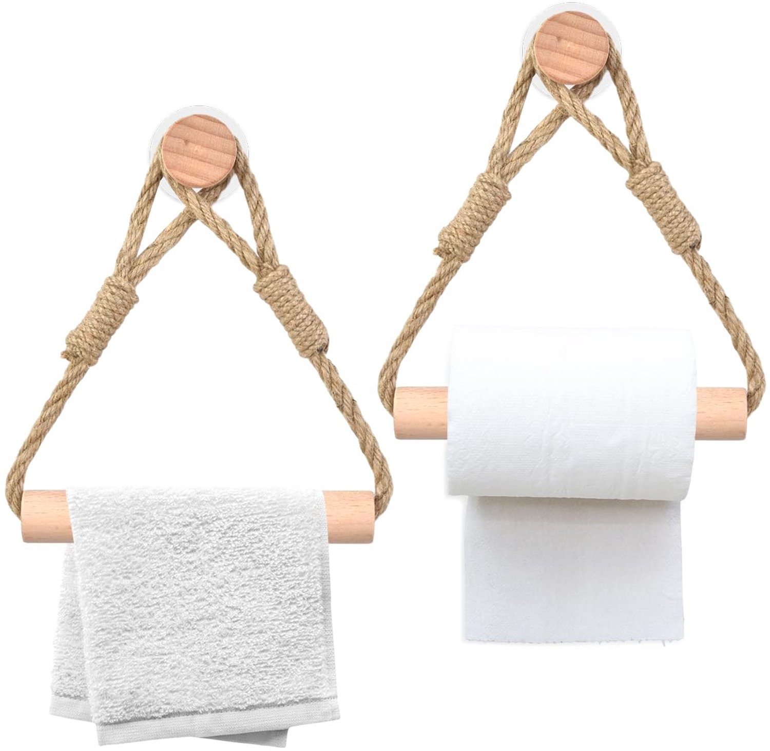 WC-Rolhouder Set van 2 - Vintage Houten Houder - Toiletpapierhouder - Zonder Boren - Natuurlijke Vezels - Henneptouw