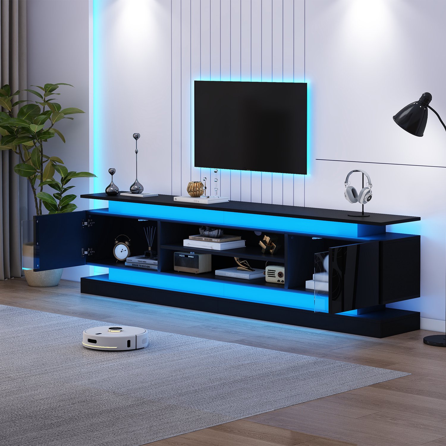 MODENUIT Tv-Meubel - Ledverlichting en Twee Deuren - Woonkamer - Mdf en Spaanplaat - Zwart - 180x35x60 cm