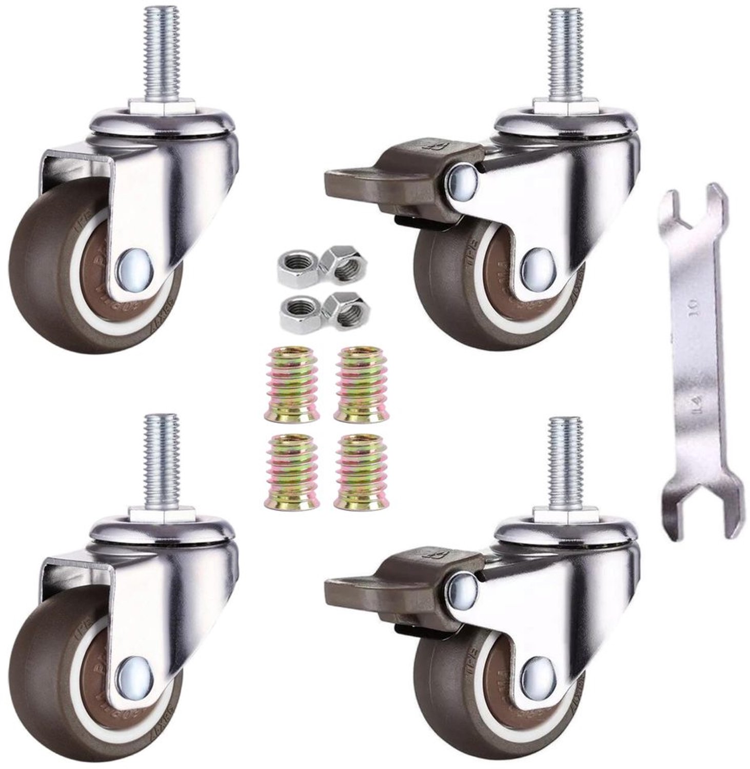 4 Stuks Kleine Meubelrollen - Zacht Rubber met Rem, 38 mm, M8x20 mm Schroefdraad