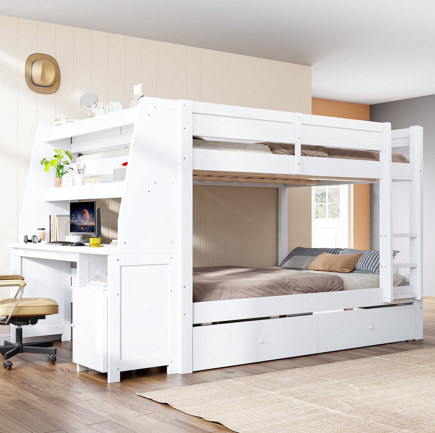 Wishdor Stapelbed 140x200 cm - Met bureau en links of rechts te plaatsen zijkast - Met legplanken en twee lades - Met ladder en veiligheidshekken - Kinderkamer en jeugdkamer - Wit en grijs
