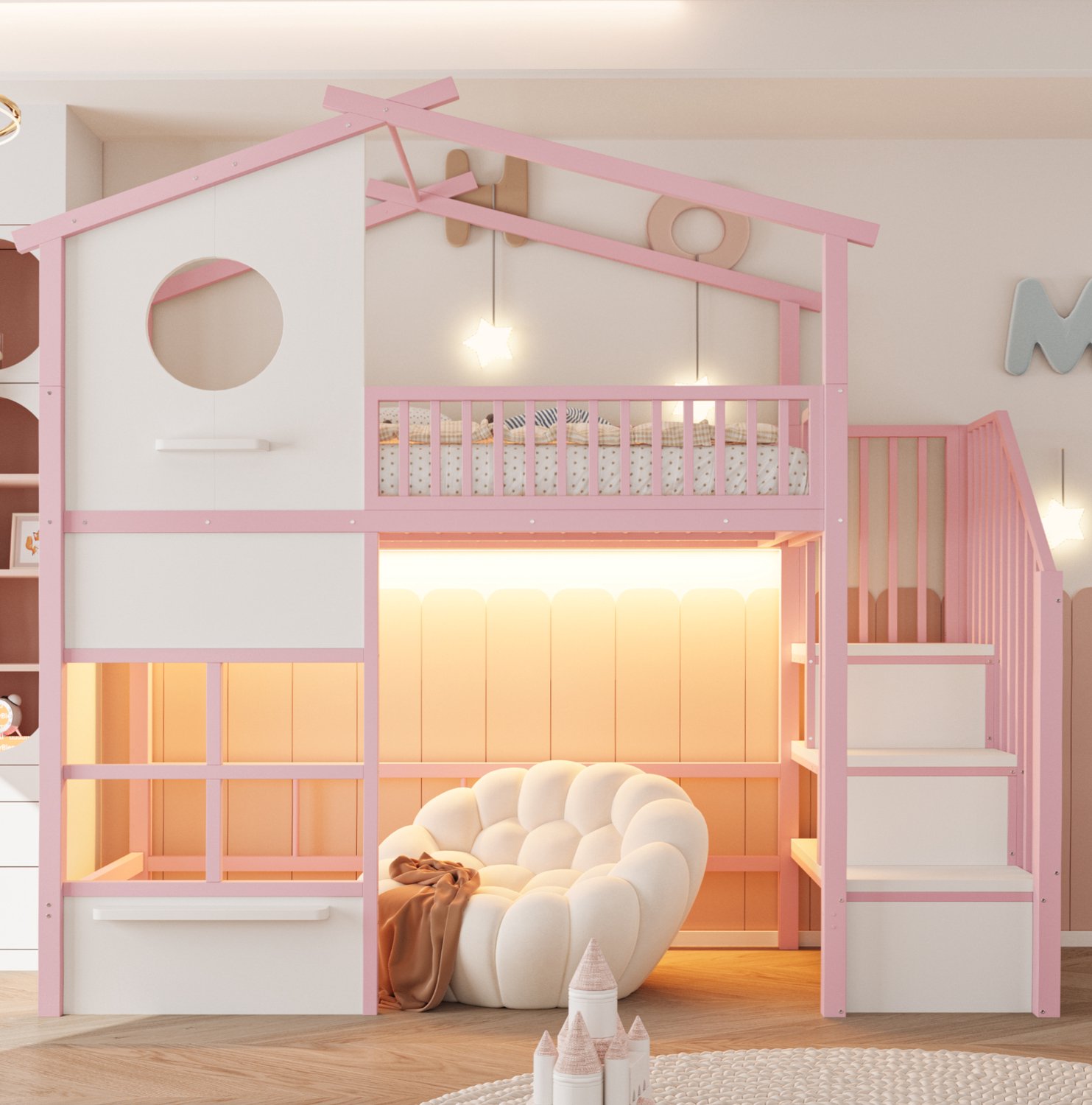 Wishdor Hoogslaper 90x200 cm - Huisvormig kinderbed met opbergtrap en verhoogde zijhekken - LED-verlichting - Ruimte onder het bed voor spelen of studeren - Metaal en MDF - Roze en wit