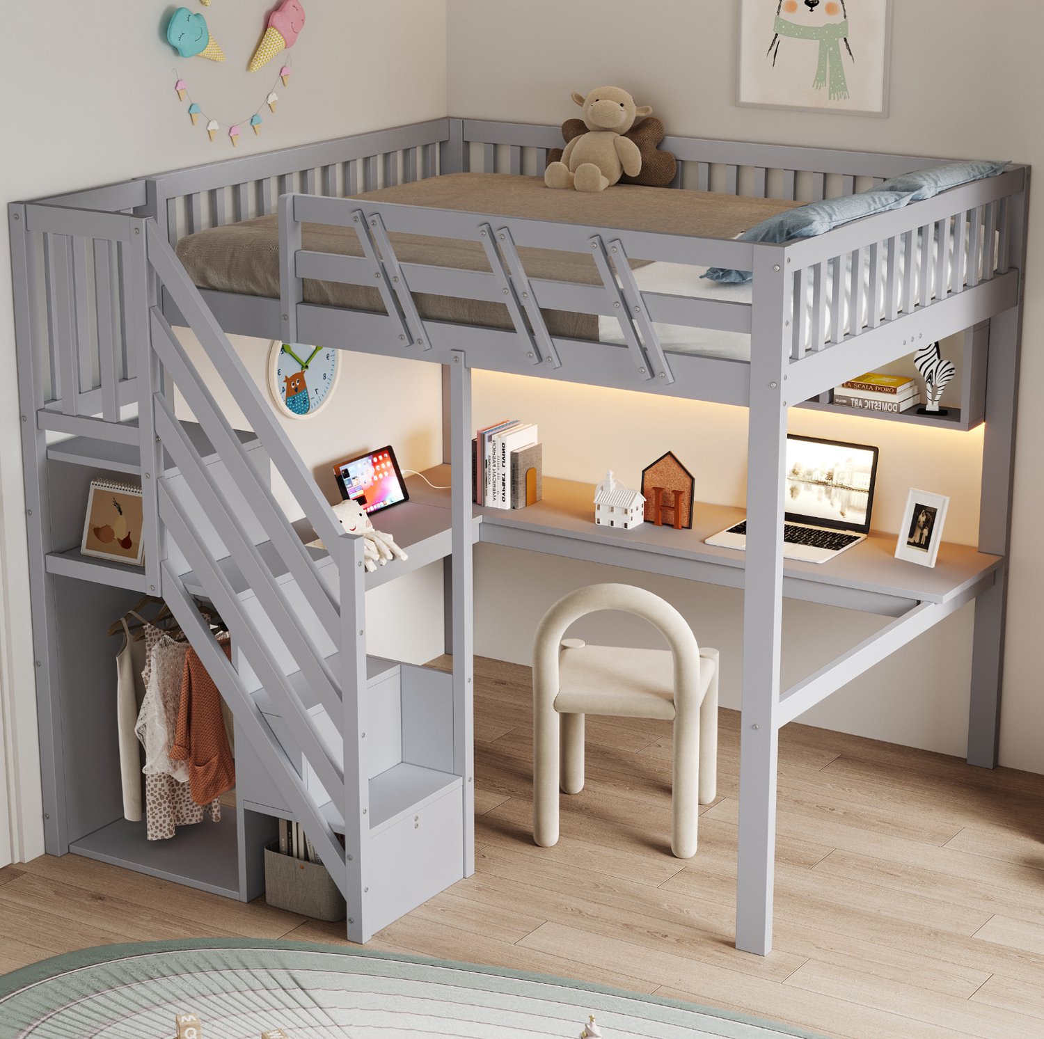Wishdor Hoogslaper 140x200 cm - Met bureau en opbergtrap - Met boekenkast open planken LED-verlichting en stopcontacten - Kinderkamer en jeugdkamer - Hout en MDF - Wit en grijs
