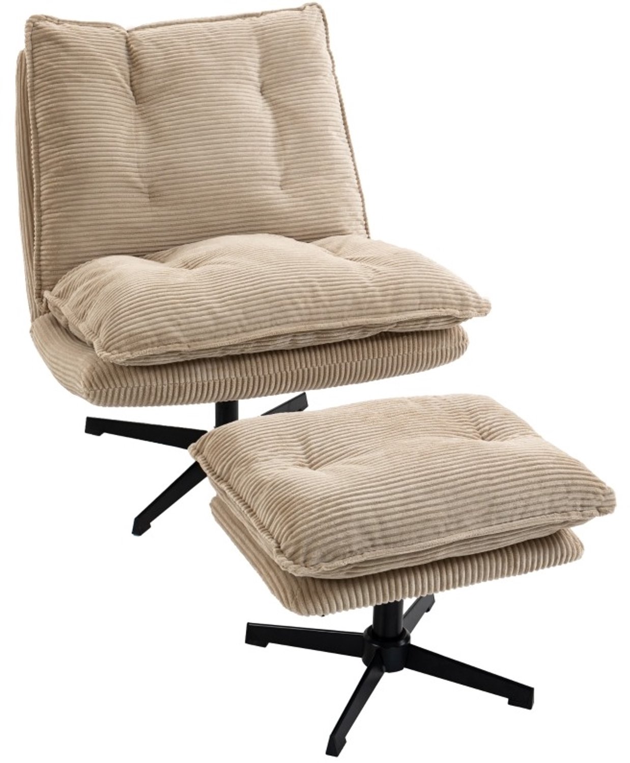 MIVRAY Relaxfauteuil met Voetenbank 56 x 44 cm - 360 Graden Draaibaar en In Hoogte Verstelbaar - Voor Woonkamer - Ribstof en Staal - Beige