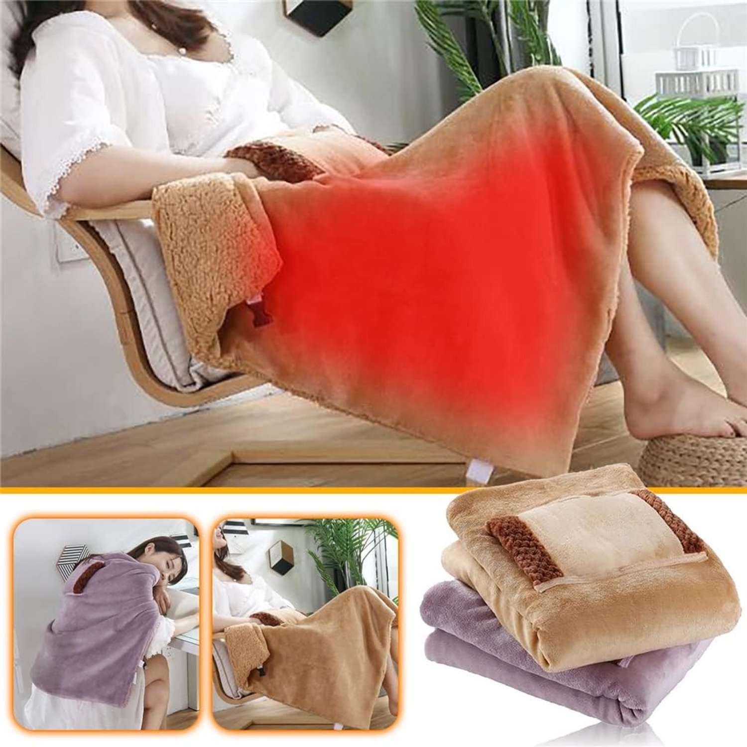 Elektrische deken - Verwarmde sjaal - Flanellen deken - Deken - Warme sjaal - Comfortabele deken - 60*80 cm - USB multifunctionele deken - Opvouwbaar - Geschikt voor thuis/kantoor - Camel – foto 6
