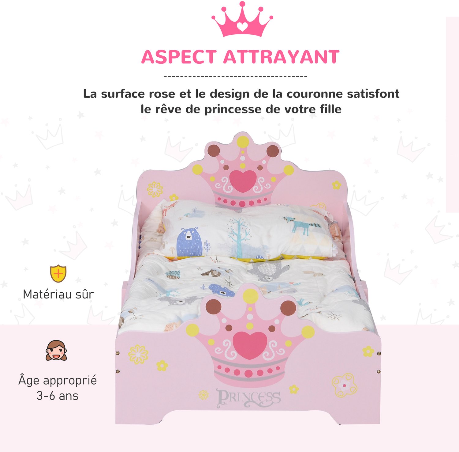 Lunpog Kinderbed 140 x 70 cm – Bed in prinsessenthema met kroonmotief – Inclusief lattenbodem – Roze MDF
