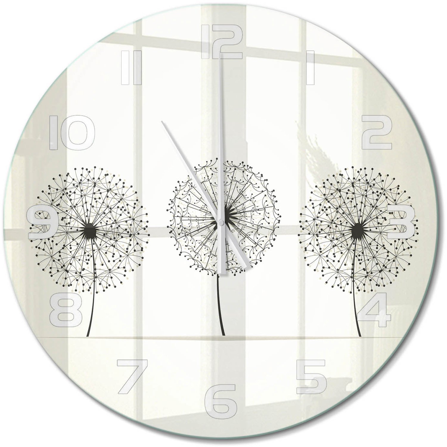 TULUP Wandklok - Paardenbloemtand Gekleurde Glazen Klok - fi60 cm - Beige Glazen Klok Met Print - Witte handen - Ronde Klok - Moderne Wandklok Glas - Wandklok Glas Decoratie