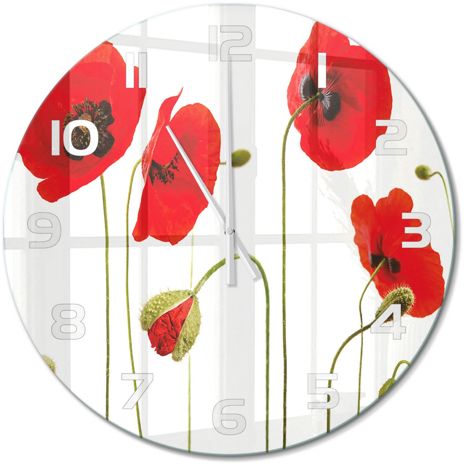 TULUP Wandklok - Klaprozen Glazen Klok Met Print - fi60 cm - Rood Wandklok Glas Met Motief - Witte handen - Ronde Klok - Wandklok Glas Decoratie - Gekleurde Glazen Klok