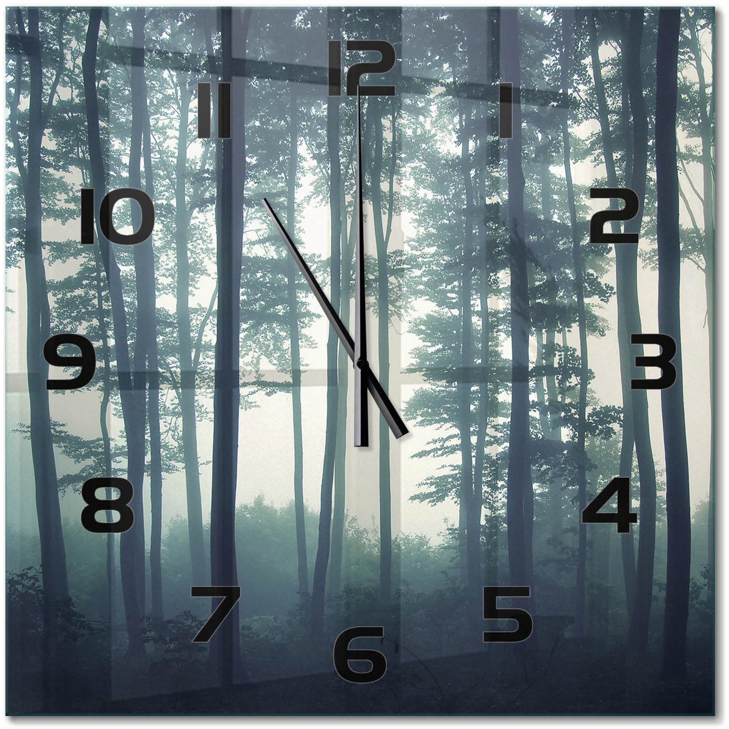 TULUP Wandklok - Mist in het bos Wandklok Glas Decoratie - 60x60 cm - Zwart Gekleurde Glazen Klok - Zwarte handen - Vierkante Klok - Klok Glas Met Opdruk - Moderne Wandklok Glas