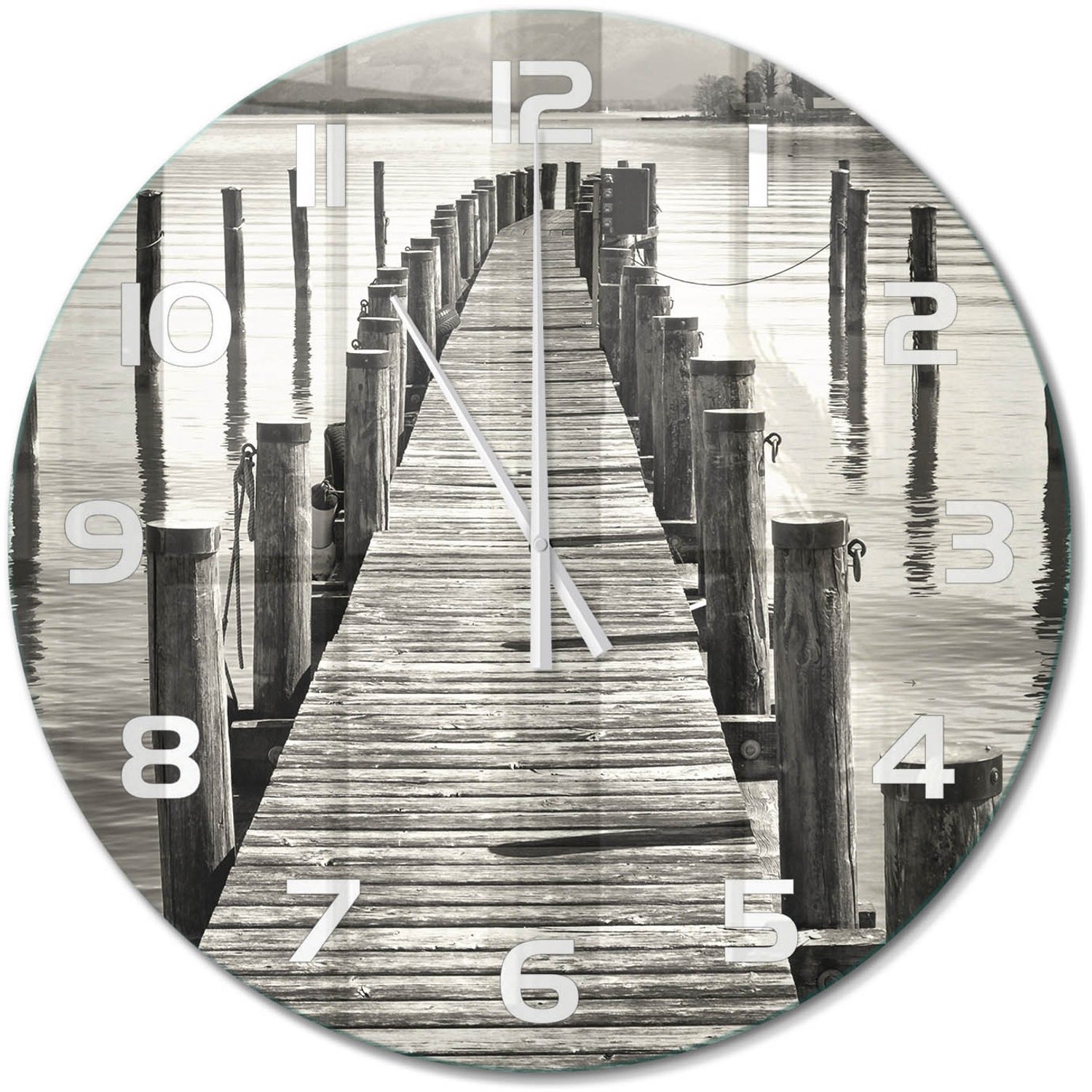 TULUP Wandklok - Houten brug Klok Glas Met Opdruk - fi60 cm - Zwart-wit Moderne Wandklok Glas - Witte handen - Ronde Klok - Decoratieve Glazen Klok - Glazen Wandklok Design