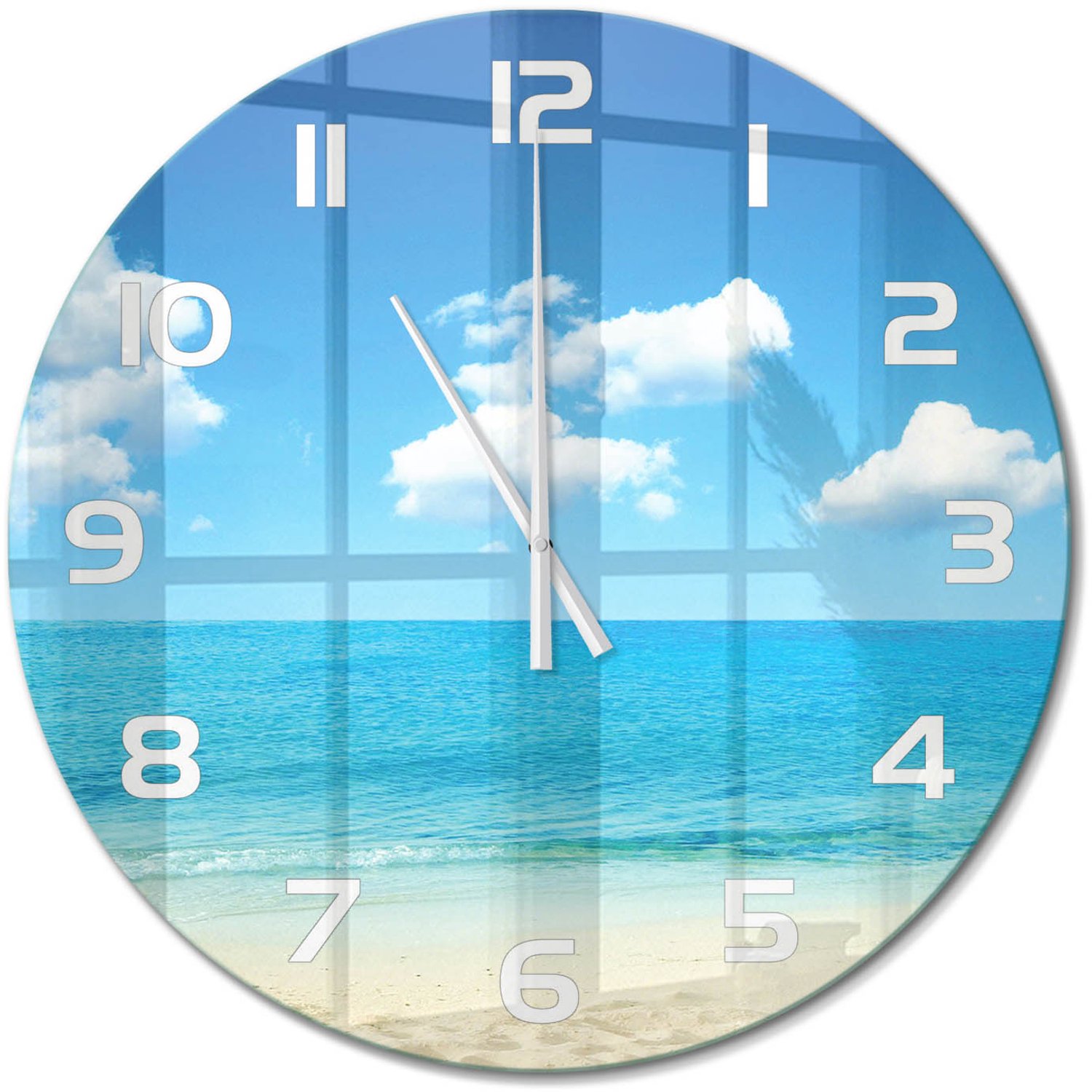 TULUP Wandklok - Paradijsstrand Klok Glas Met Opdruk - fi60 cm - Blauw Moderne Wandklok Glas - Witte handen - Ronde Klok - Decoratieve Glazen Klok - Glazen Wandklok Design