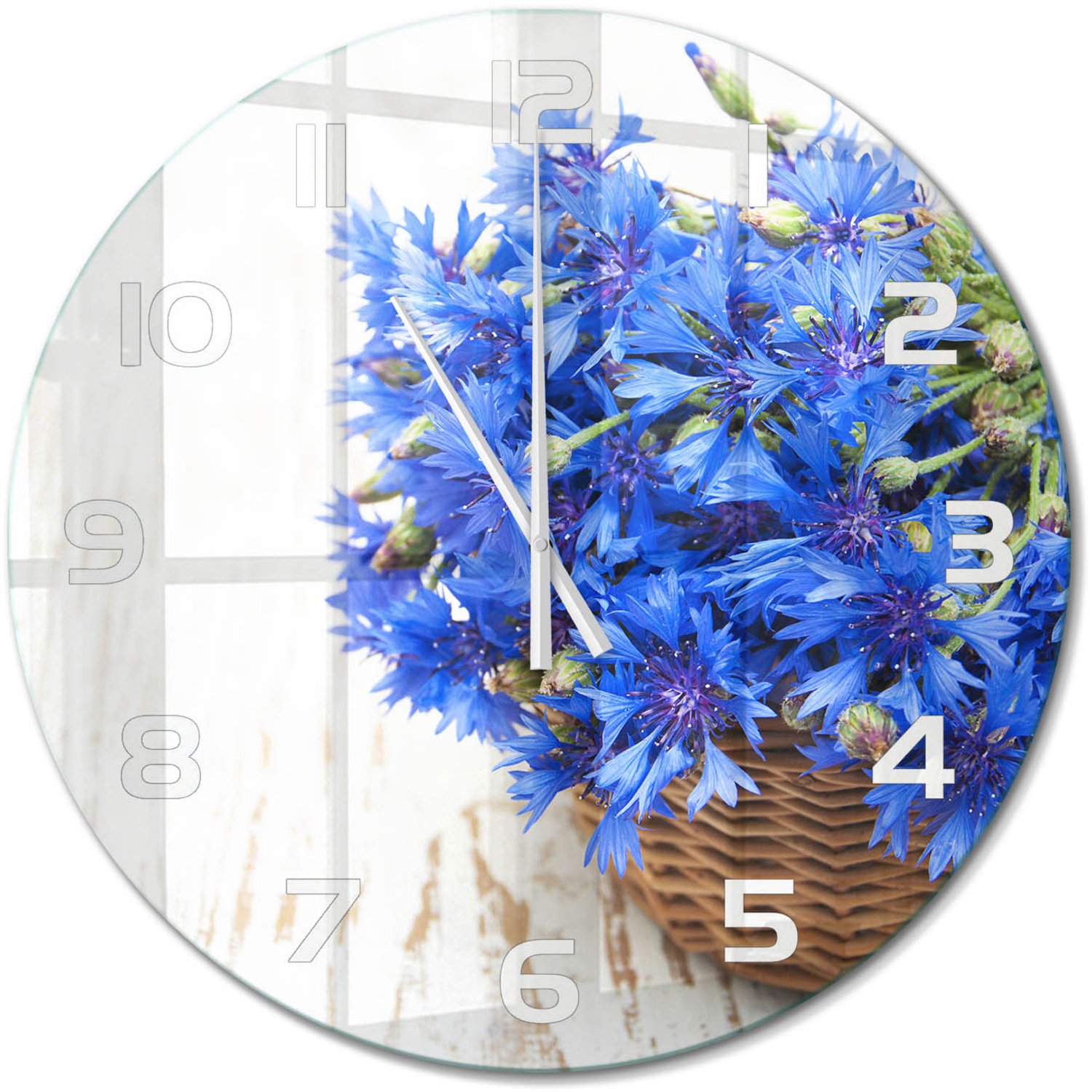 TULUP Wandklok - Korenbloemen in een mand Moderne Wandklok Glas - fi60 cm - Blauw Wandklok Glas Decoratie - Witte handen - Ronde Klok - Glazen Wandklok Design - Klok Glas Met Opdruk