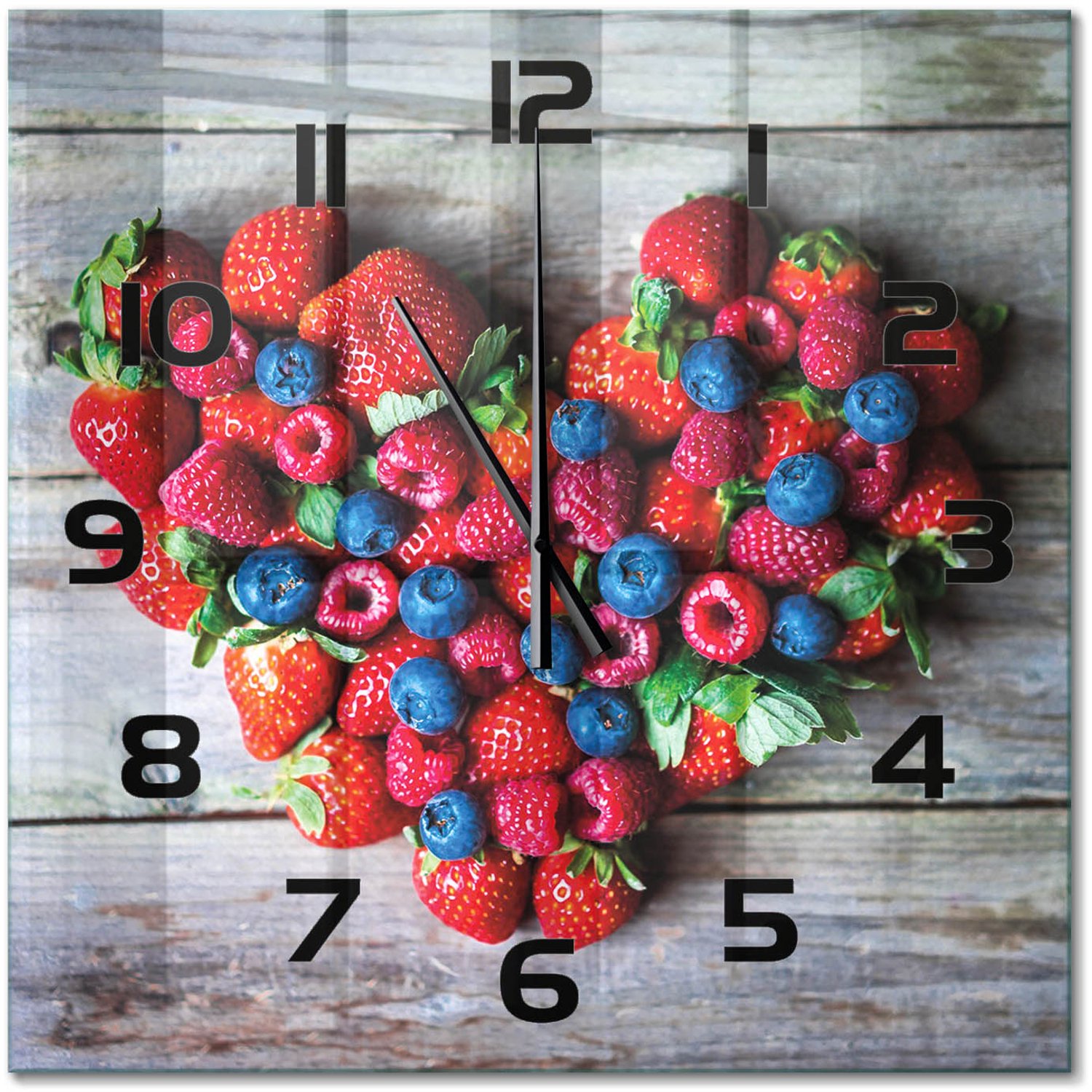 TULUP Wandklok - Hart van Fruit Wandklok Glas Met Motief - 60x60 cm - Rood Decoratieve Glazen Klok - Zwarte handen - Vierkante Klok - Gekleurde Glazen Klok - Glazen Klok Met Print