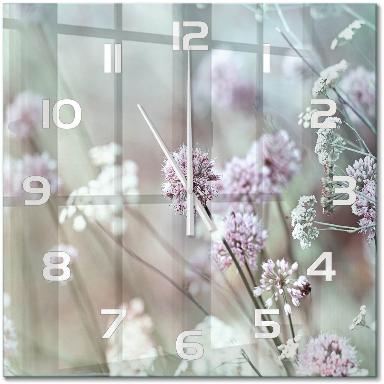 TULUP Wandklok - Wilde bloemen Moderne Wandklok Glas - 60x60 cm - Wit Wandklok Glas Decoratie - Witte handen - Vierkante Klok - Glazen Wandklok Design - Klok Glas Met Opdruk