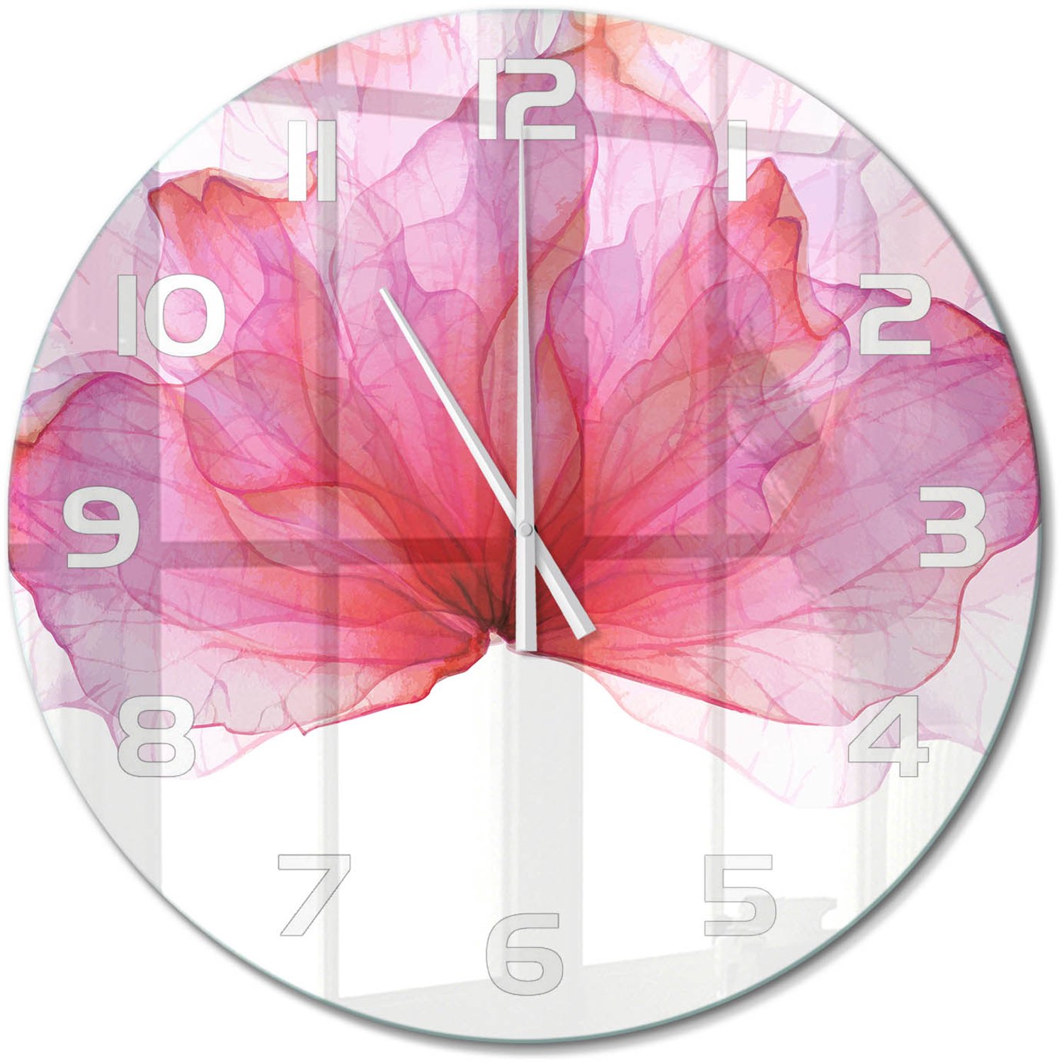 TULUP Wandklok - Roze bloem Klok Glas Met Opdruk - fi60 cm - Roze Moderne Wandklok Glas - Witte handen - Ronde Klok - Decoratieve Glazen Klok - Glazen Wandklok Design