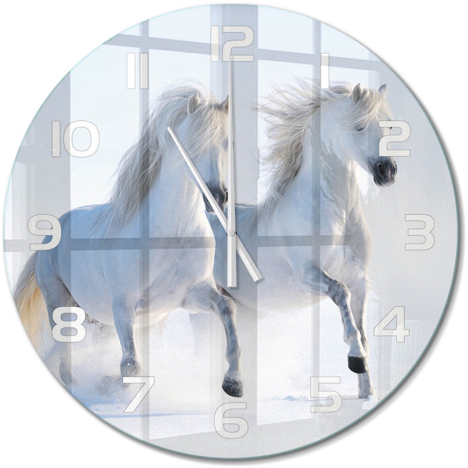 TULUP Wandklok - Twee paarden in de sneeuw Gekleurde Glazen Klok - fi60 cm - Wit Glazen Klok Met Print - Witte handen - Ronde Klok - Moderne Wandklok Glas - Wandklok Glas Decoratie