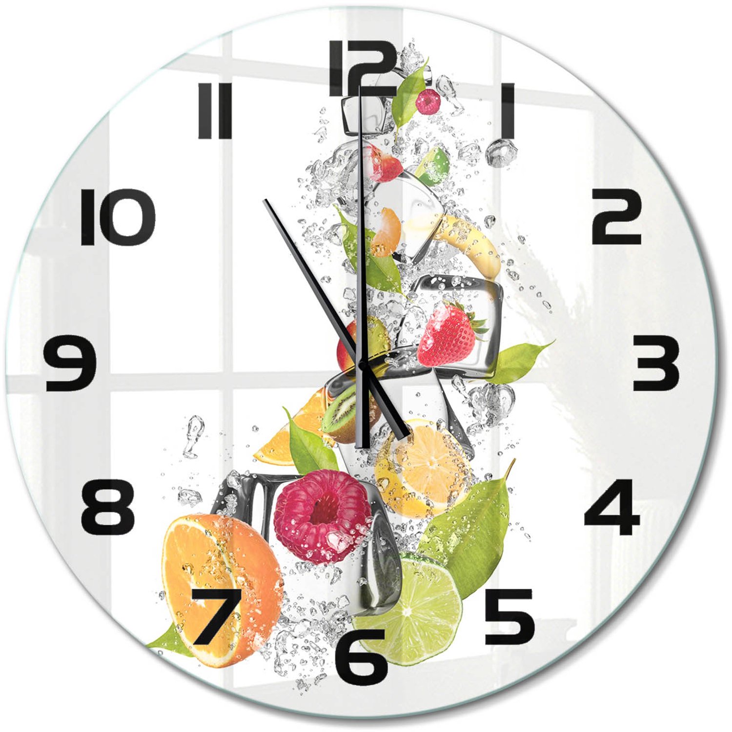 TULUP Wandklok - Fruit met ijs Glazen Klok Met Print - fi60 cm - Veelkleurig Wandklok Glas Met Motief - Zwarte handen - Ronde Klok - Wandklok Glas Decoratie - Gekleurde Glazen Klok